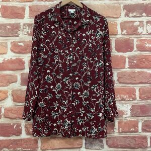 J Jill Top Shirt Women's Large Burgundy Floral Vine Button Front Casual Tunic
